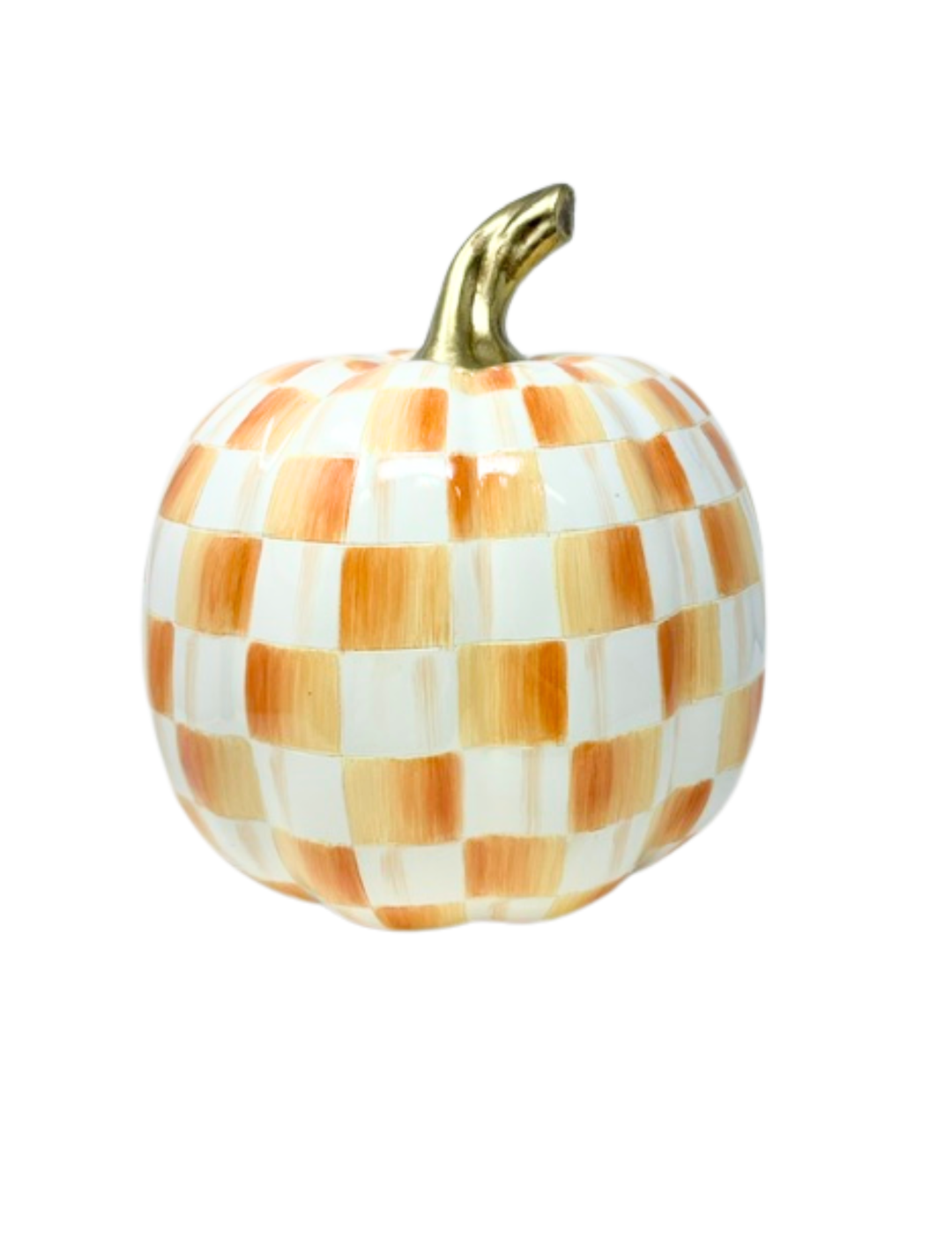Amber Check Medium Pumpkin with orange and white hand-painted checkered pattern and gold stem.
