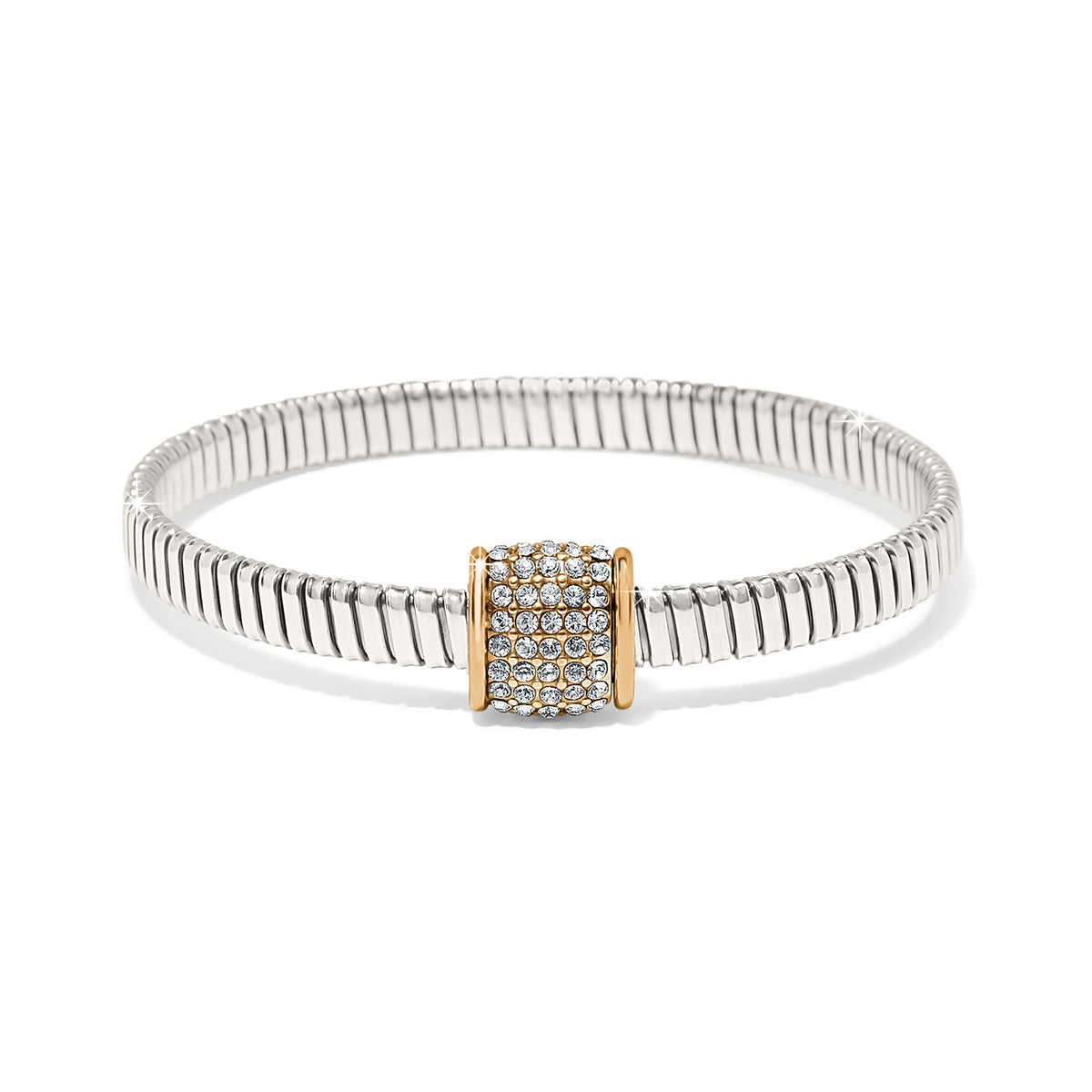 Stretch bracelet with two-tone silver-gold finish featuring fine quality crystals.