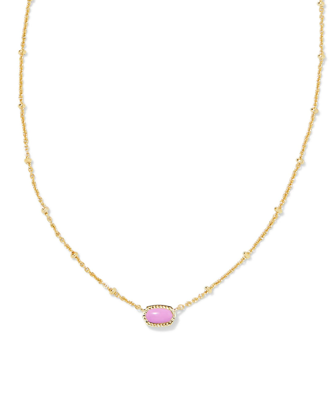 Mini Elisa Satellite Short Pendant Gold Necklace with a small pink oval stone on a beaded chain.