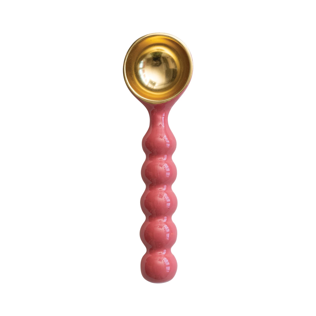 Enameled aluminum ice cream scoop with a smooth handle.