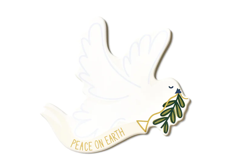 White dove ornament holding an olive branch with a banner reading PEACE ON EARTH.