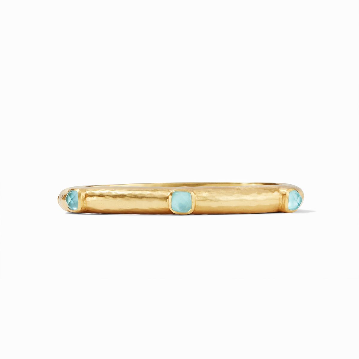 Catalina Stone Hinge Bangle in 24K gold plate with three light blue glass stones.