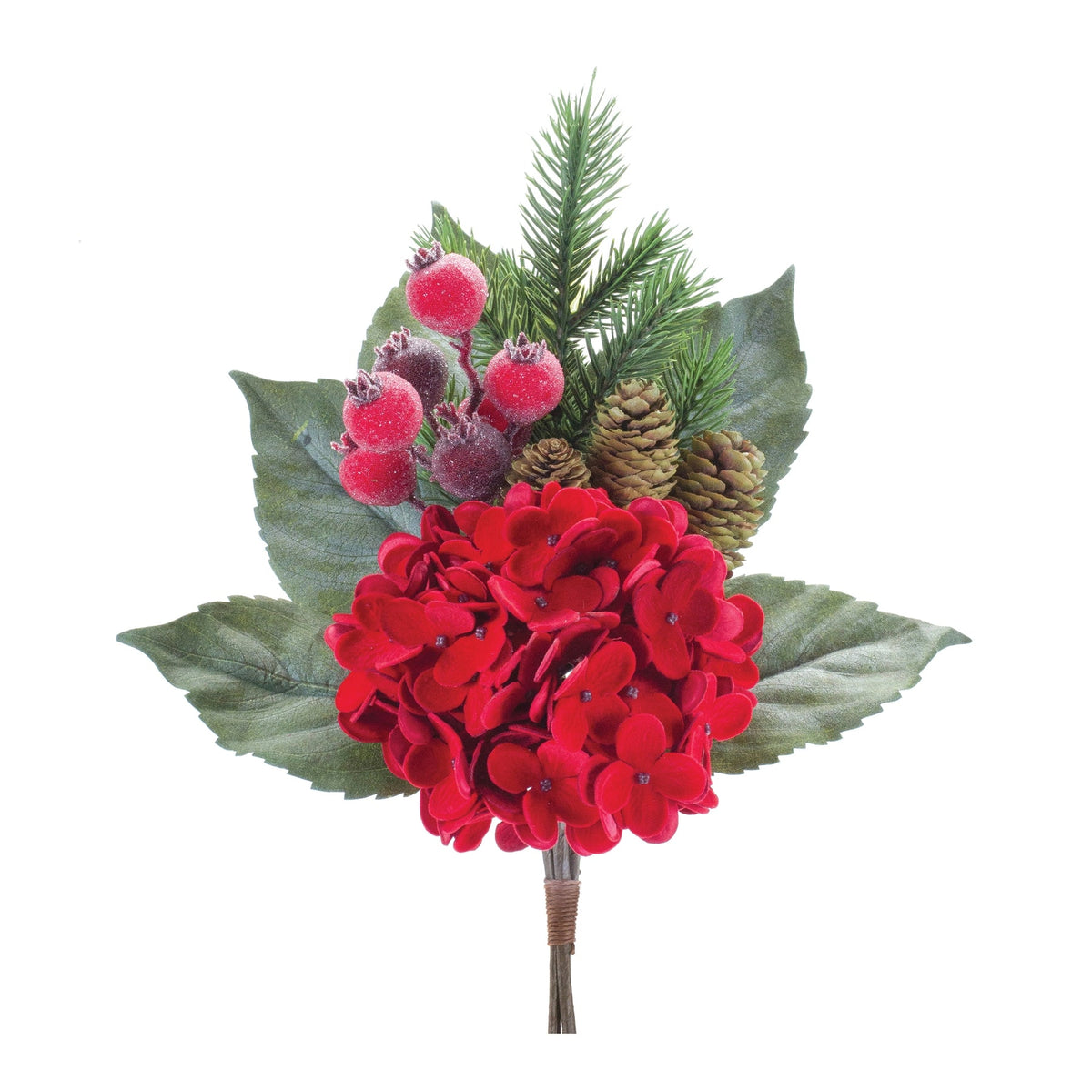 Red hydrangea bloom with green pine sprigs, natural pinecones, and frosted berries on a durable polyester pick.