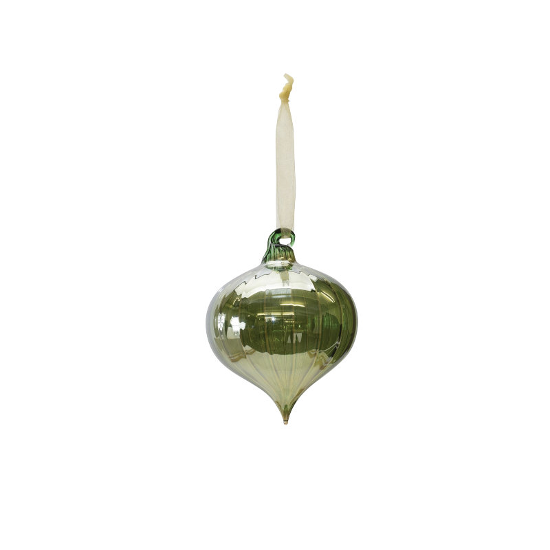 Green ribbed glass onion-shaped ornament with a cream ribbon hanger.