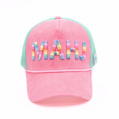 Pink corduroy trucker hat with rainbow MAHJ 3D embroidery and mint green mesh back.