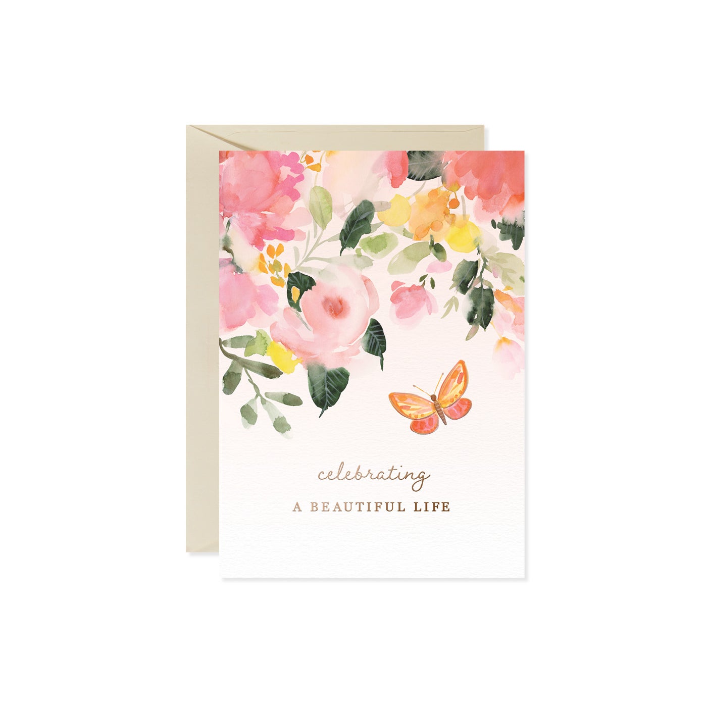 A watercolor floral card with a butterfly and the text "celebrating A BEAUTIFUL LIFE".