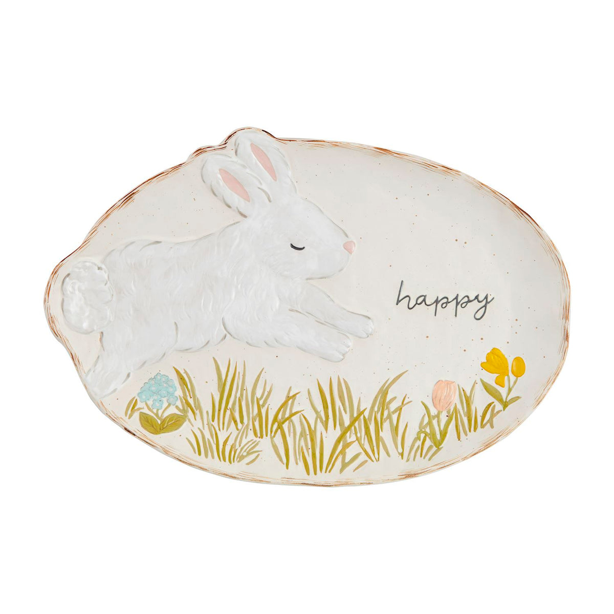 Oval stoneware platter featuring a white bunny jumping over grass with the word 'happy'.