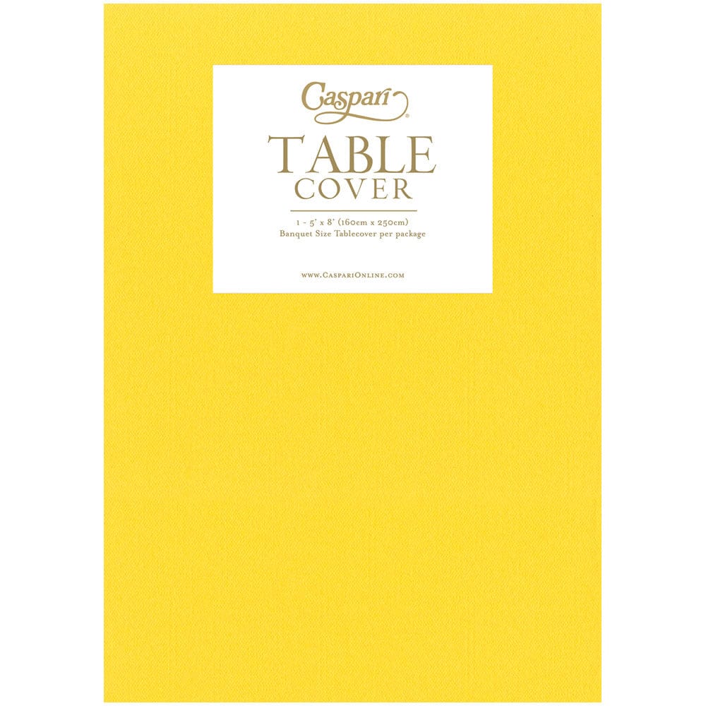 Yellow Paper Linen Solid Table Cover in packaging, 5' x 8' banquet size.