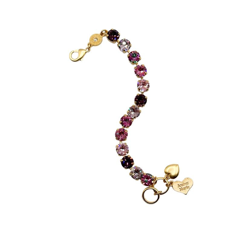 Gold Classic Florence bracelet featuring a curved line of pink and purple crystals.