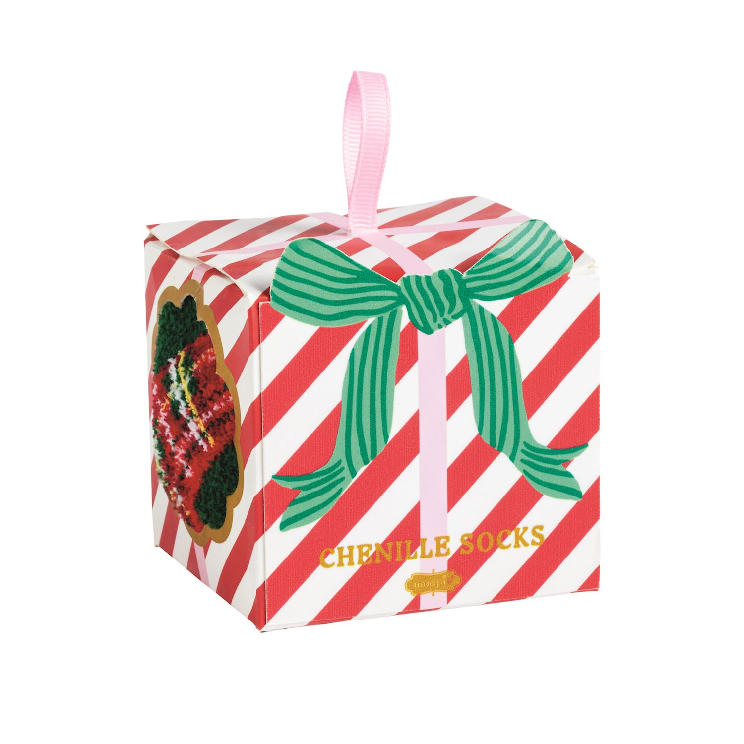 Red and white striped gift box with a green bow and pink ribbon, labeled Chenille Socks.