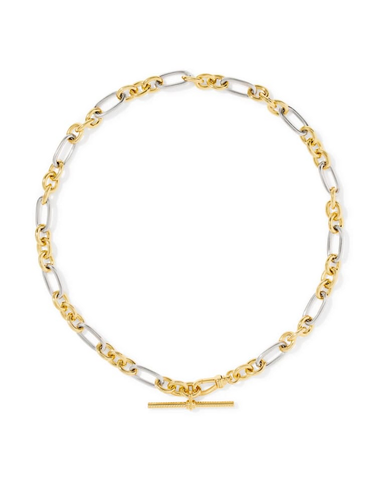 Embry Link and Chain Necklace with mixed gold and silver links and a gold T-bar closure.
