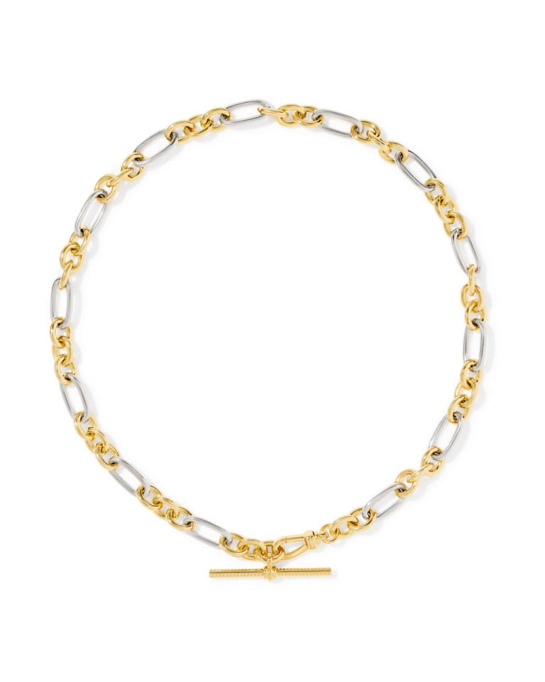 Embry Link and Chain Necklace with mixed gold and silver links and a gold T-bar closure.