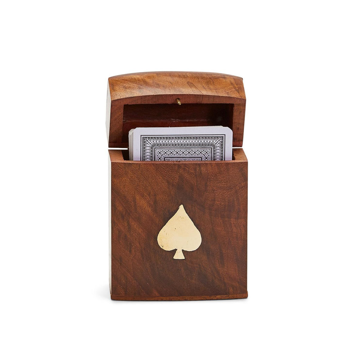 Hand-crafted Acacia wood box with brass inlay holding playing cards