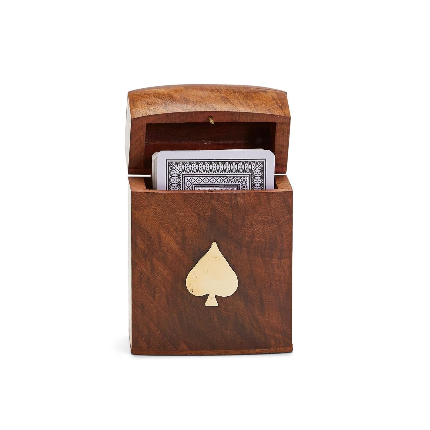 Hand-crafted Acacia wood box with brass inlay holding playing cards