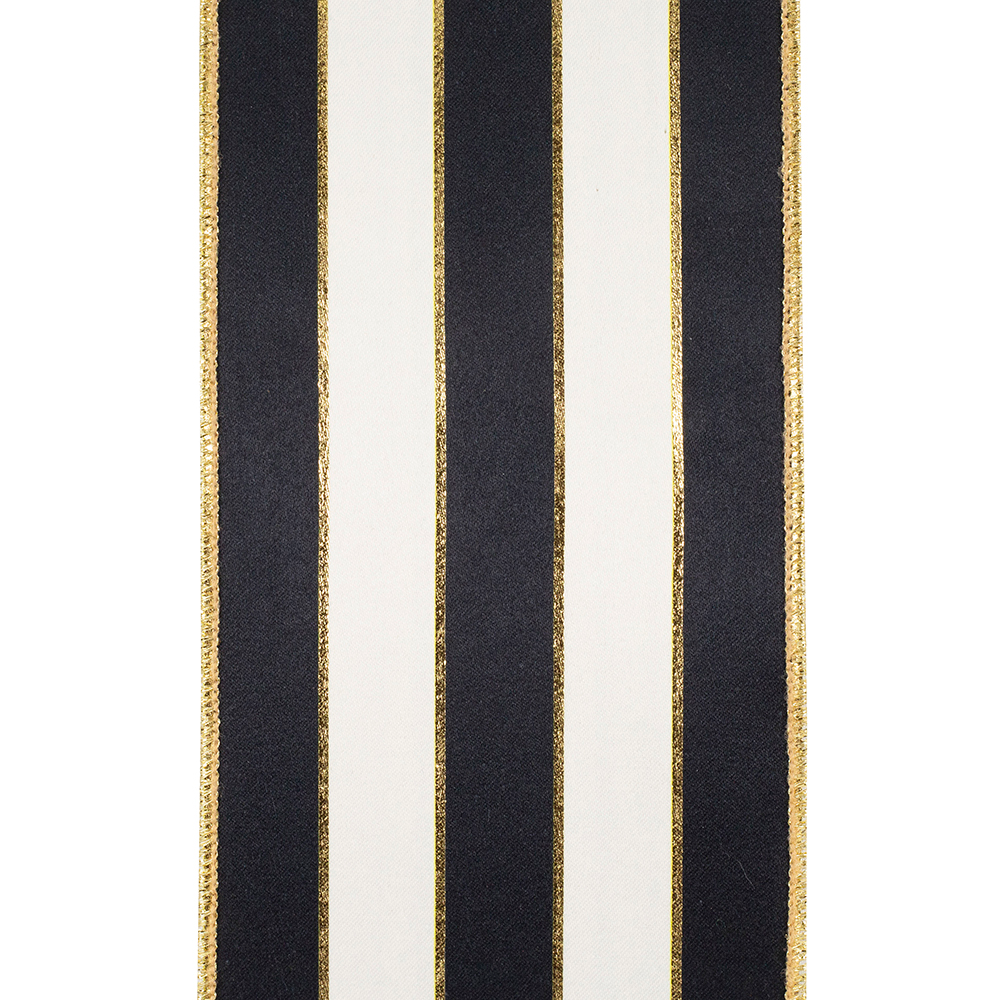 Black and white striped satin ribbon with gold metallic wired edges and thin gold accent lines.