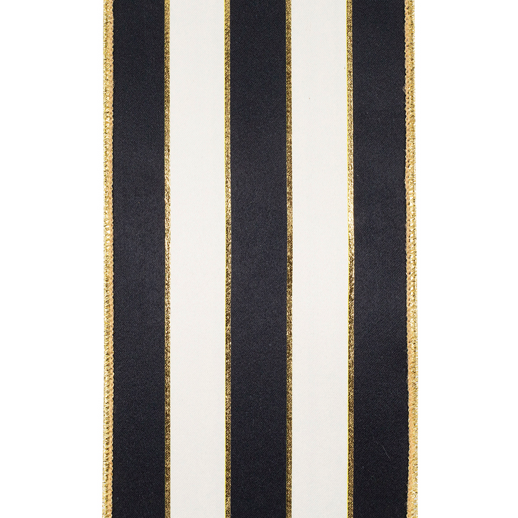 Black and white striped satin ribbon with gold metallic wired edges and thin gold accent lines.