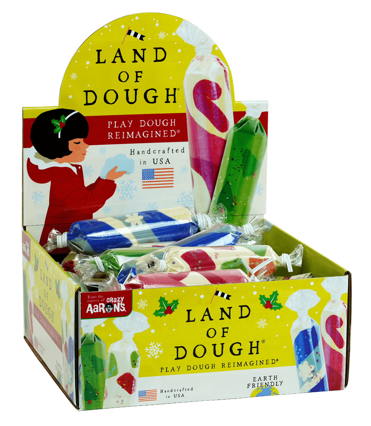 Holiday-themed glitter roll-up lip balm in a cylindrical tube with festive sparkles.