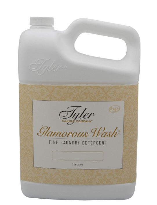 3.78L white plastic jug of Tyler Candle Company Glamorous Wash fine laundry detergent.