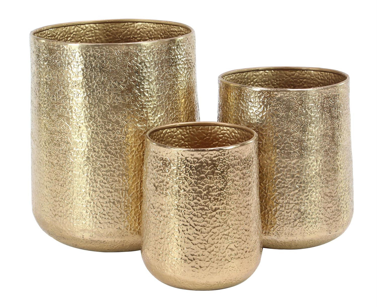Round satin gold aluminum metal planter with a modern contemporary silhouette suitable for indoor or outdoor use.