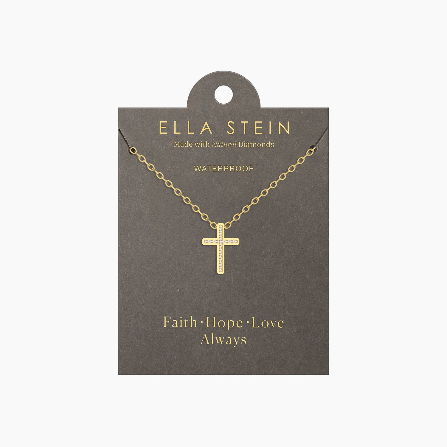 Gold-plated cross pendant necklace with natural diamonds on a grey display card.