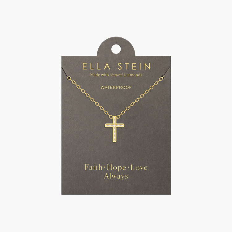 Gold-plated cross pendant necklace with natural diamonds on a grey display card.