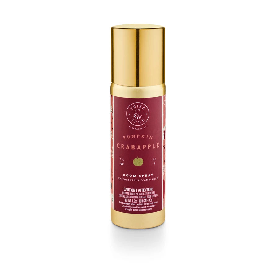 Tried & True Pumpkin Crabapple room spray bottle with a white pump top.