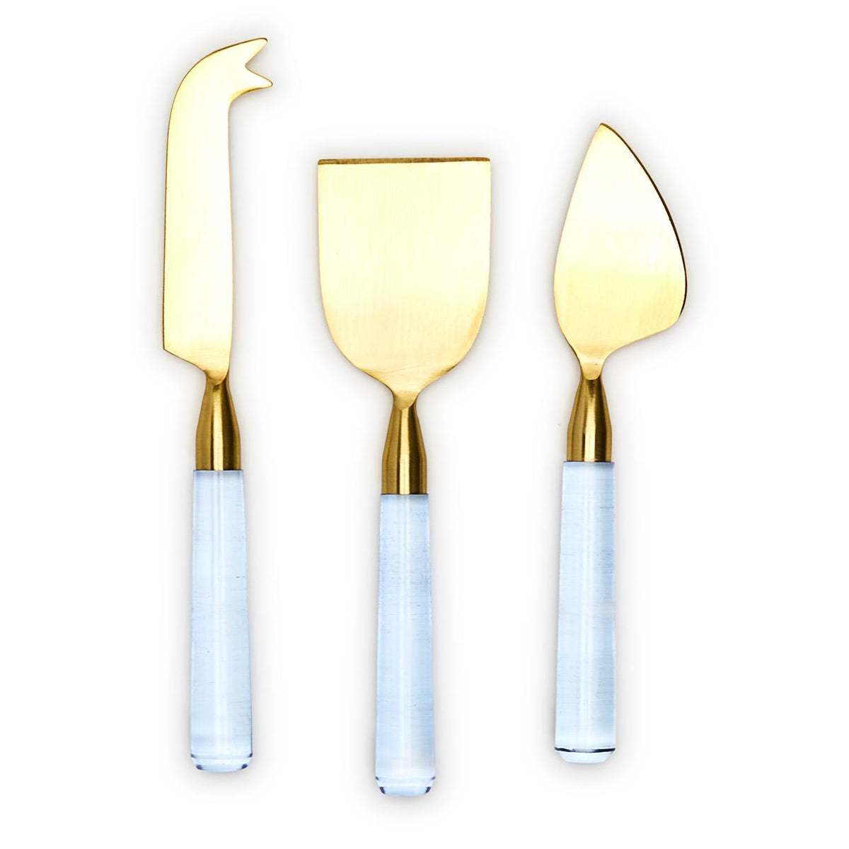 Set of 3 gold-tone stainless steel cheese knives with light blue acrylic handles.
