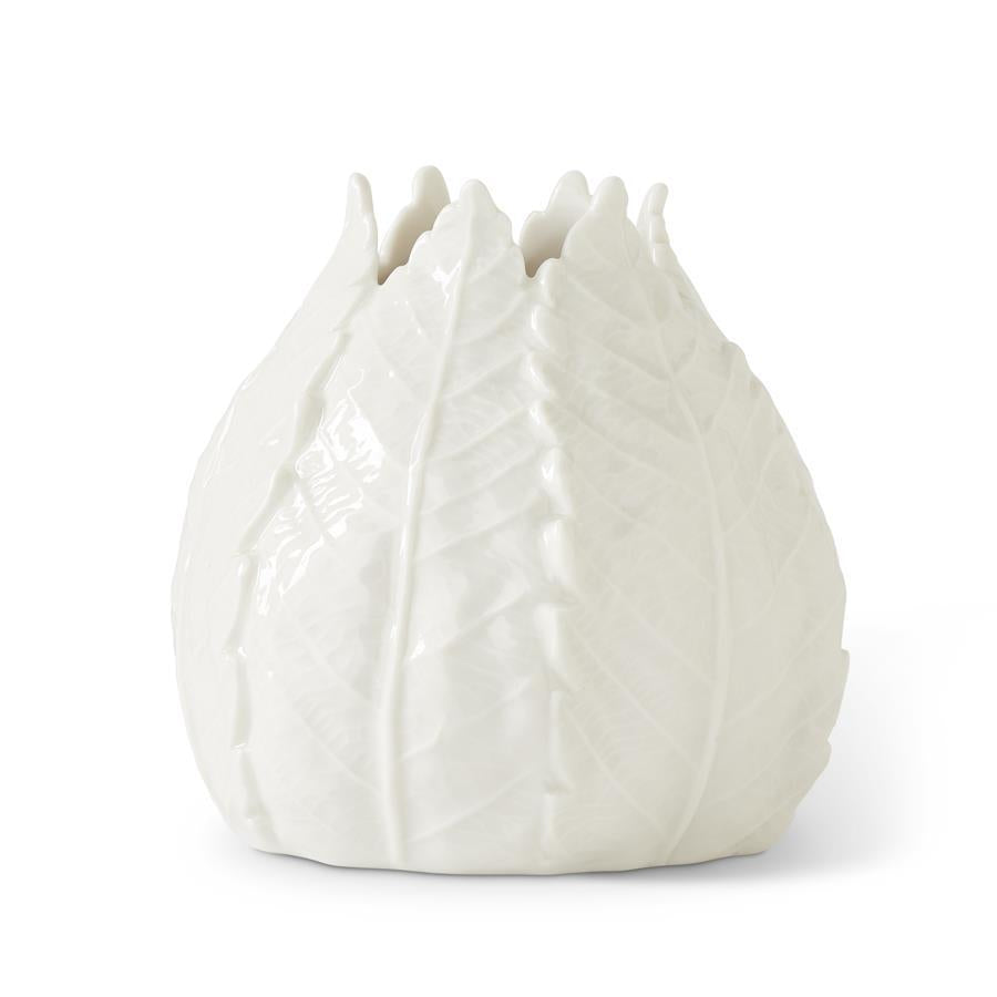 White ceramic leaf vase with a cylindrical shape and an opening diameter of two inches.