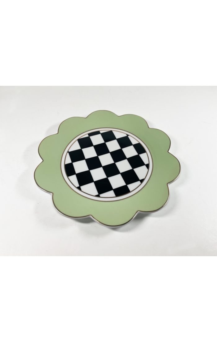 Butterfly-shaped porcelain dinner plate with pistachio petals and gold lustre trim
