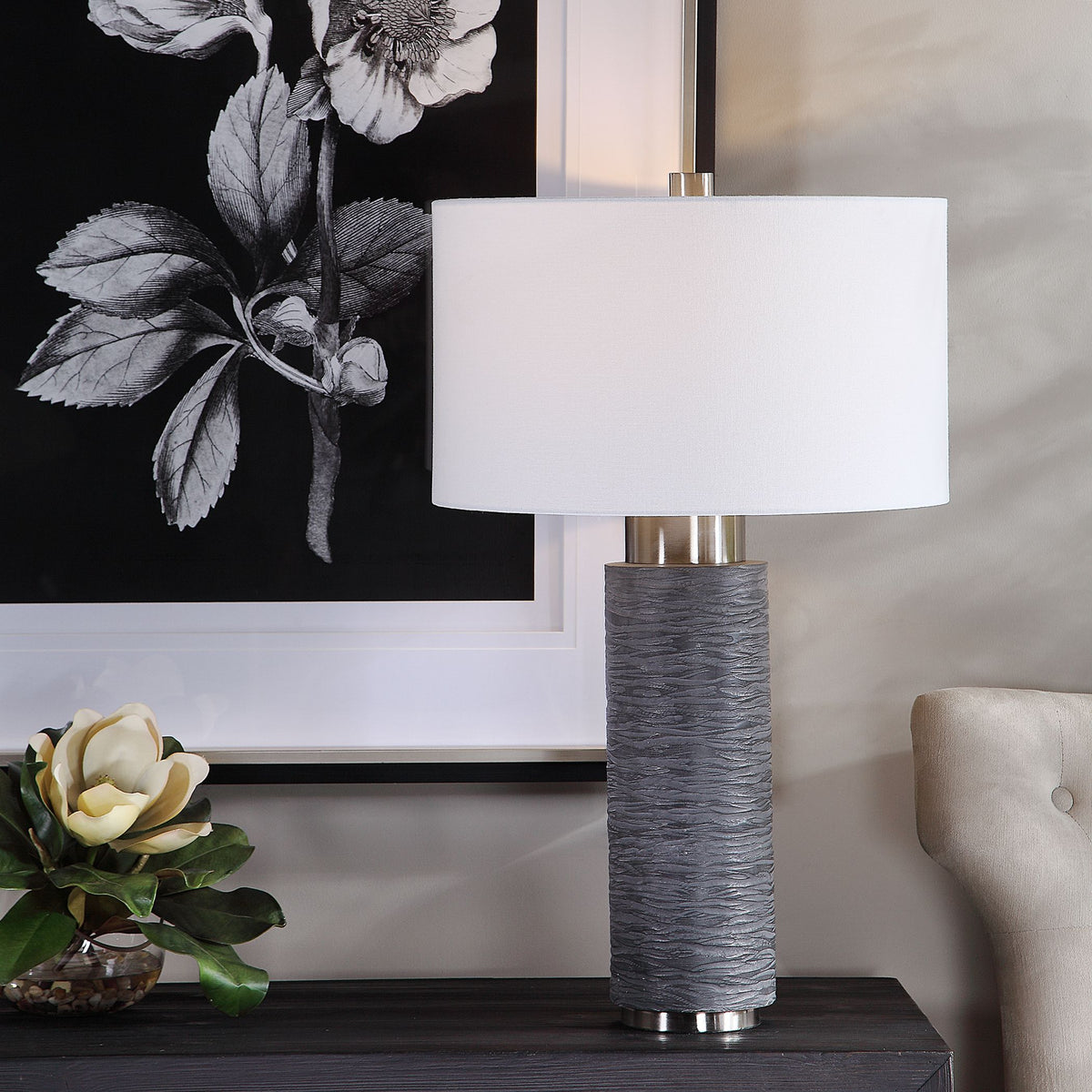 Strathmore Stone Gray table lamp with a textured stone-like finish.
