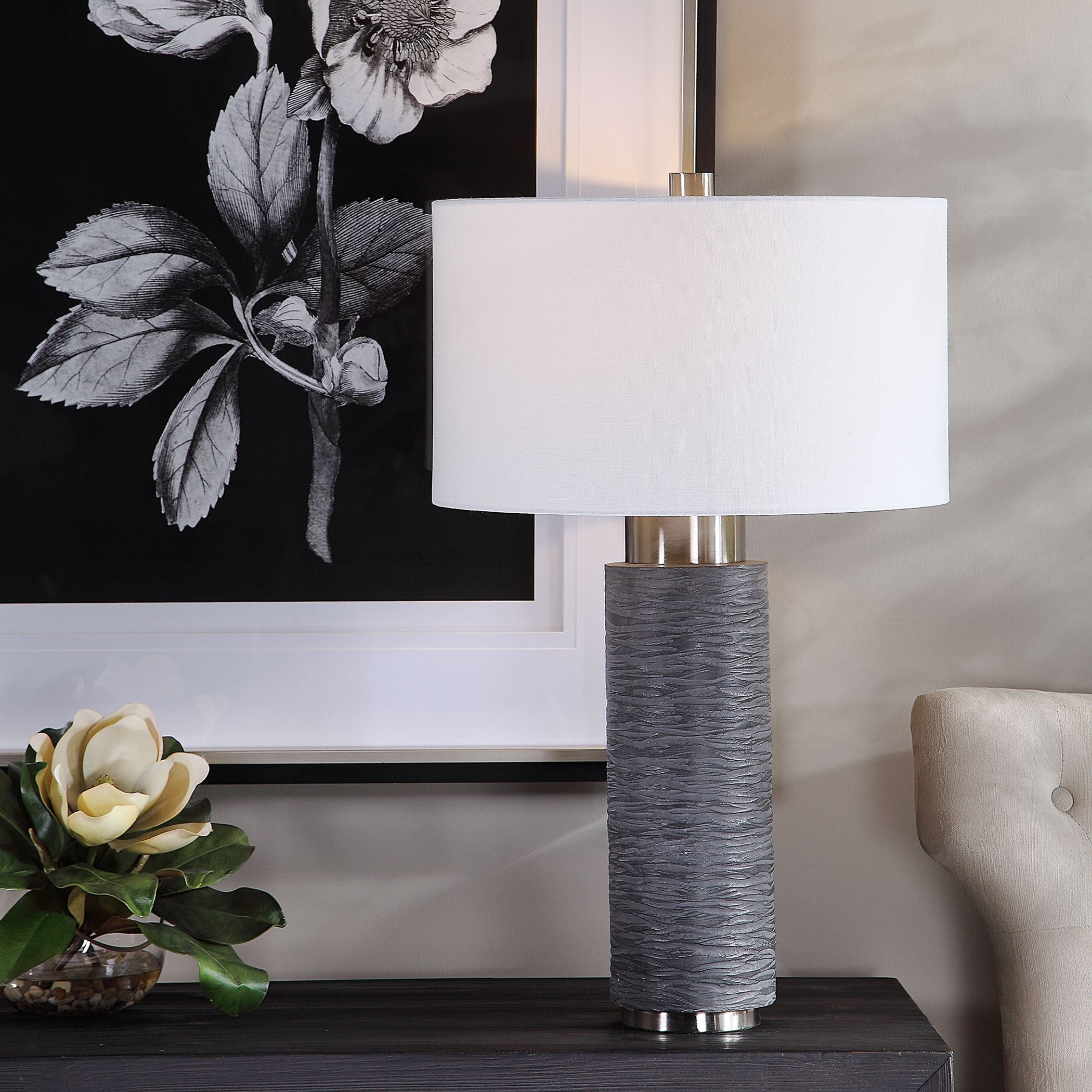Strathmore Stone Gray table lamp with a textured stone-like finish.