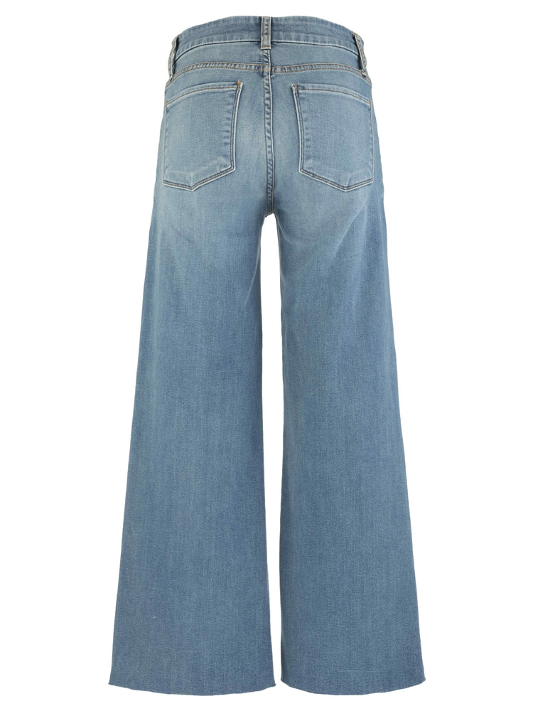 Back view of light wash high-rise wide leg jeans with raw hems and classic back pockets.