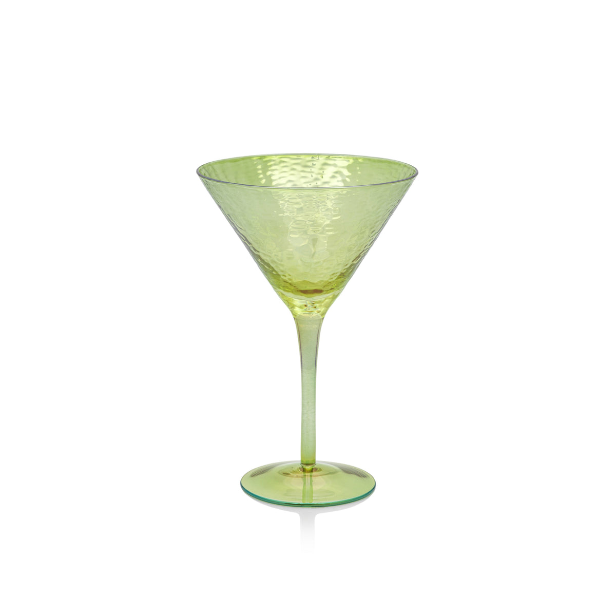 Hammered texture martini glass with colorful lustrous finish in soda-lime material.