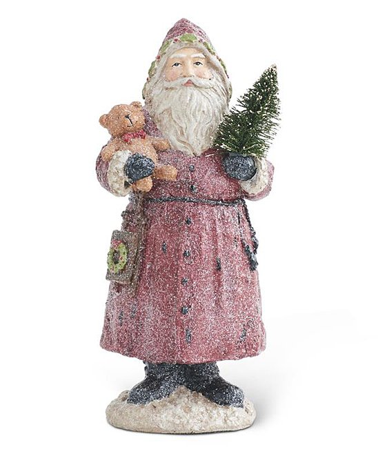 Resin figurine of a vintage Santa holding a glittery bear.
