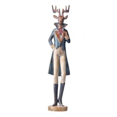 29-inch resin figurine of a gentleman deer in a tailcoat holding a coffee cup.