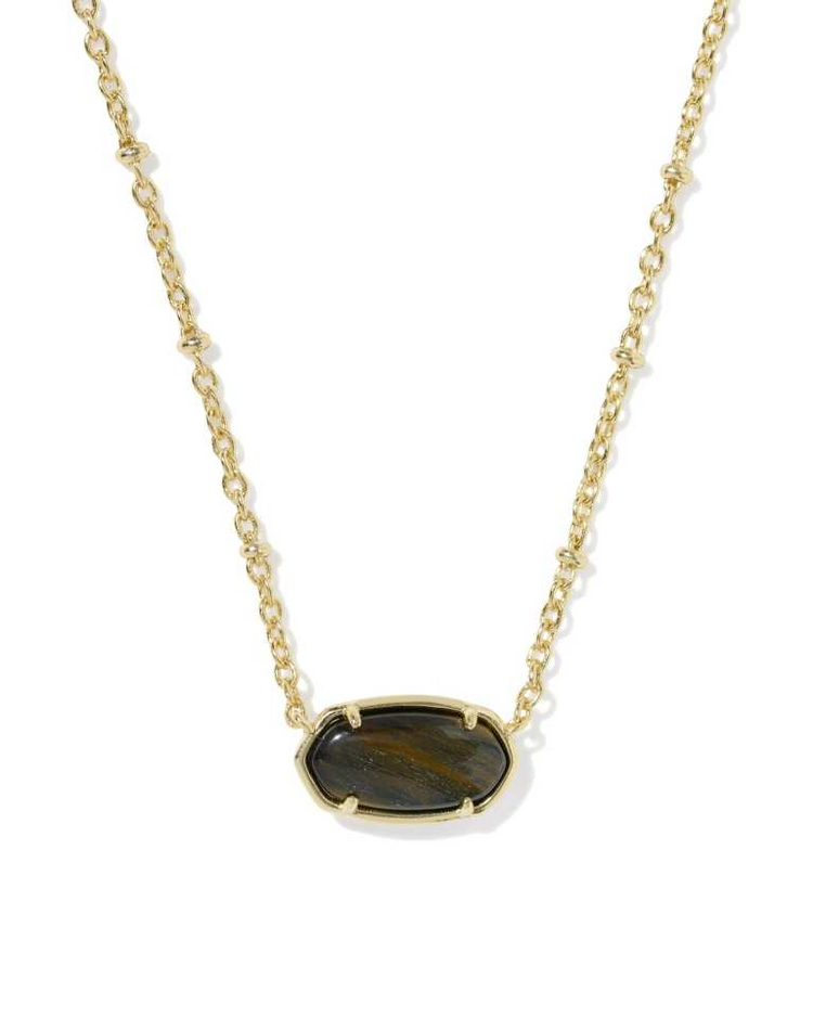 Tiger Striped Elisa Short Pendant Gold Necklace with an oval tiger-eye stone on a gold chain.