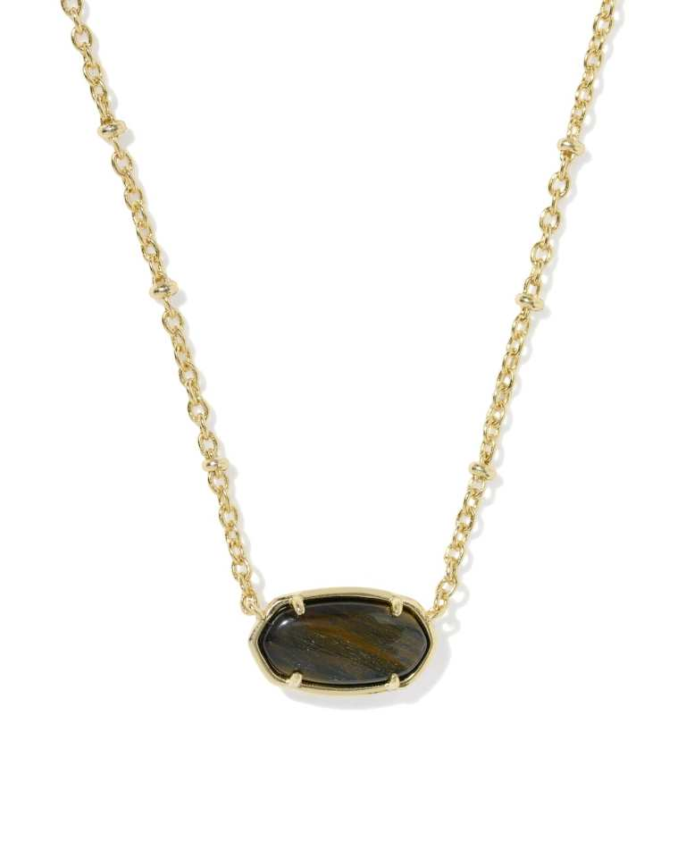 Tiger Striped Elisa Short Pendant Gold Necklace with an oval tiger-eye stone on a gold chain.