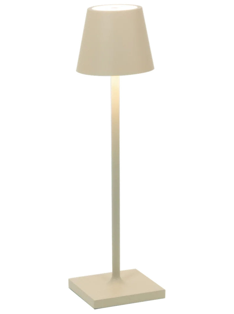 Die-cast aluminum cordless table lamp with polycarbonate diffuser in powder-coated finish