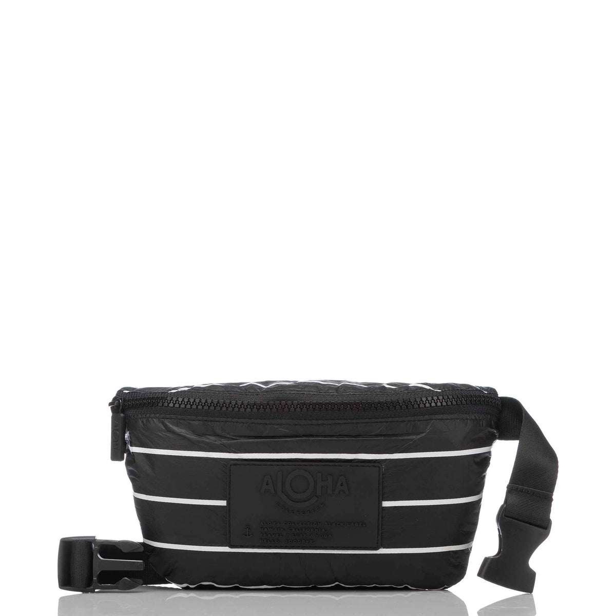 White pinstripe mini hip pack with zipper pocket and adjustable strap