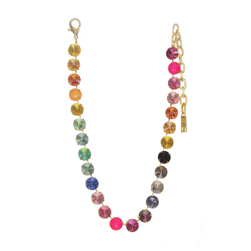 Antique gold plated brass necklace with watermelon colored crystals on a 12-inch chain.