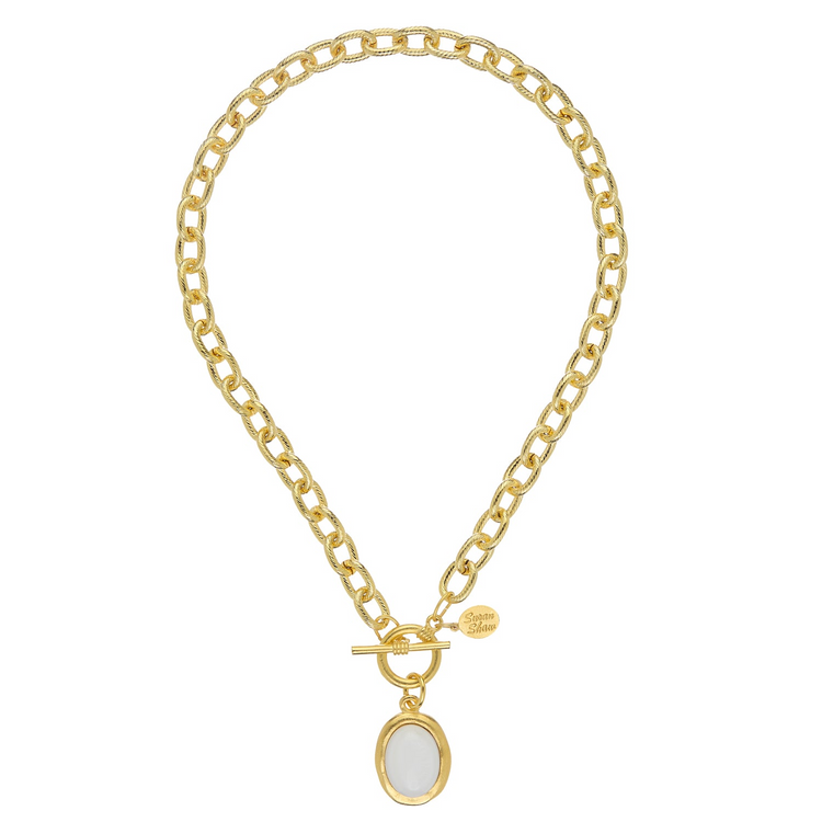 Caroline Toggle Necklace in gold chain with a white agate oval pendant and toggle closure.