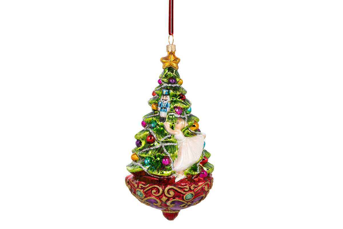 Christmas Dream Arabesque Ornament featuring a decorated tree with a nutcracker and ballerina.