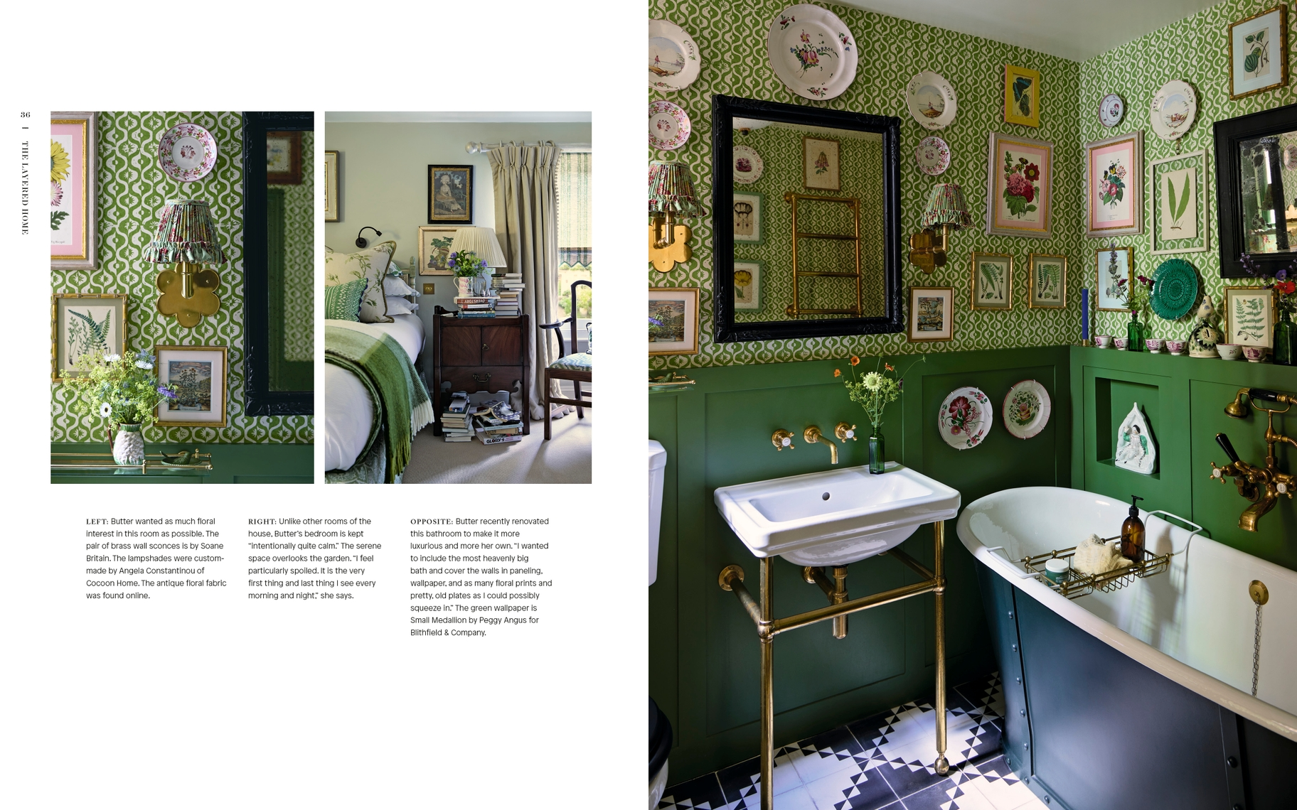 Open pages of The Layered Home book showing a maximalist green bathroom and bedroom interior design.
