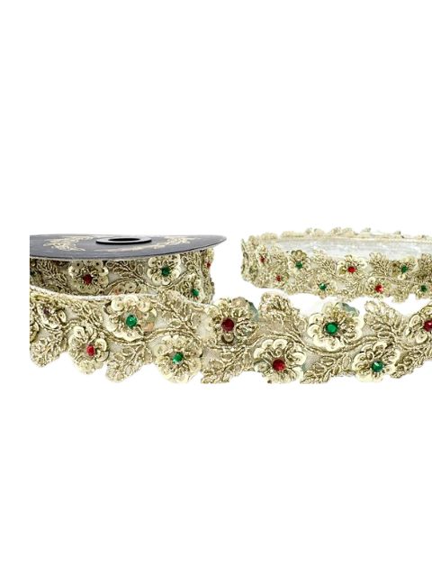 Jeweled flower and leaf metallic gold ribbon trim with red and green accents on a spool.