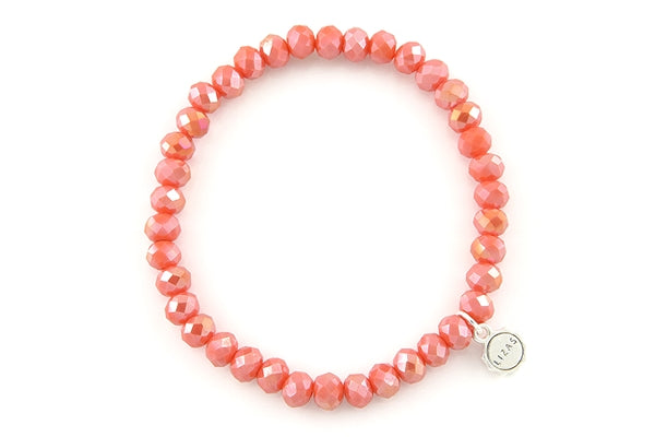 Stretchy beaded bracelet with faceted glass beads in a colorful pattern.