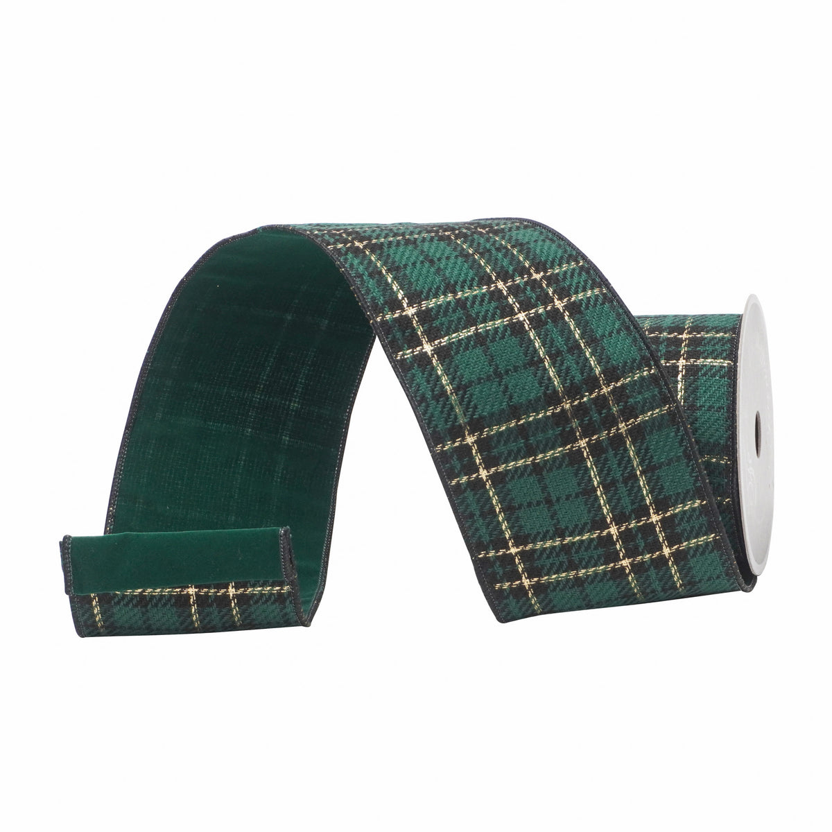 4 inch by 10 yard dark pine green polo plaid ribbon with gold accents and velvet backing.