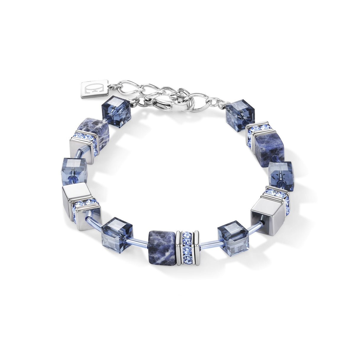 GeoCUBE bracelet featuring blue sodalite, Swarovski crystals, and stainless steel cube beads.