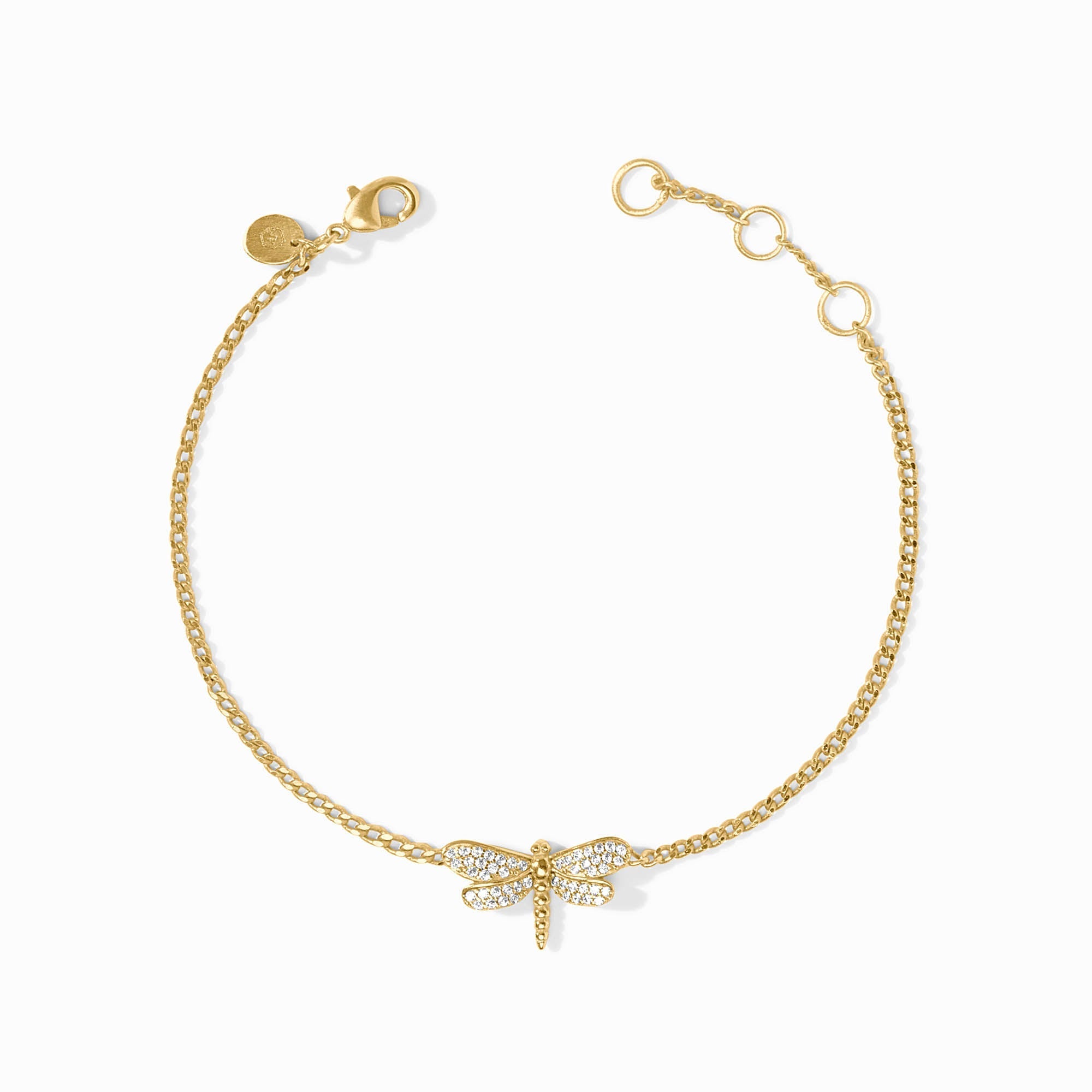 Delicate gold-plated dragonfly bracelet with pave cubic zirconia stones on an adjustable chain.