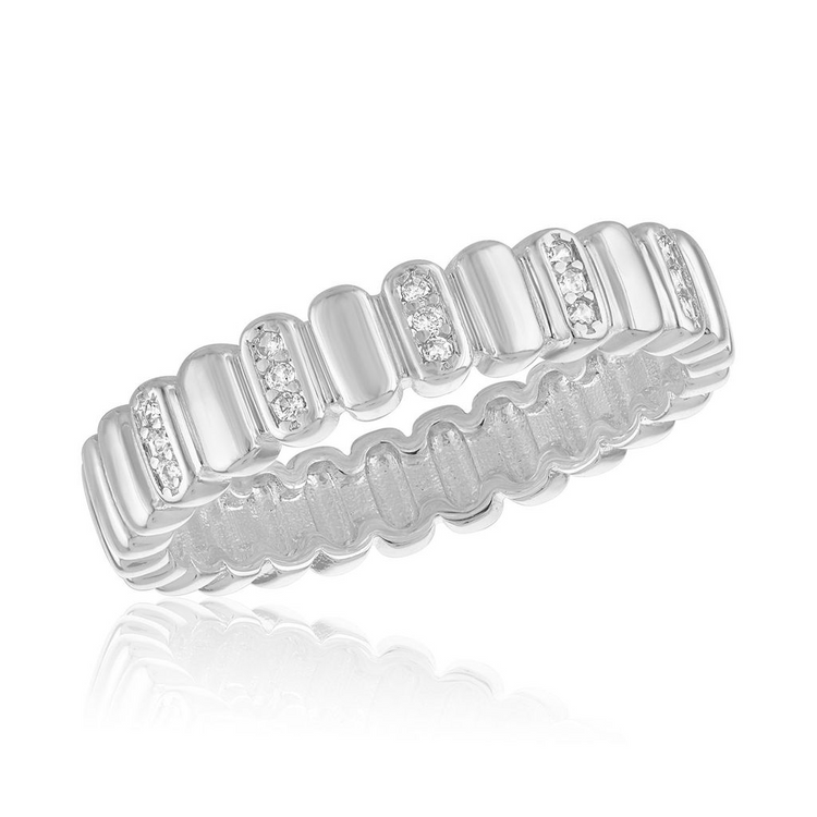 Silver crystal bar stack ring with alternating polished and stone-set vertical bars.