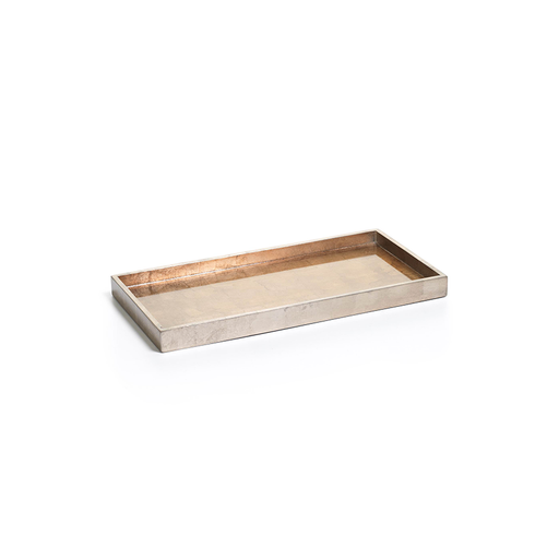 Antique gold serving tray with silver accents featuring a scalloped edge silhouette.